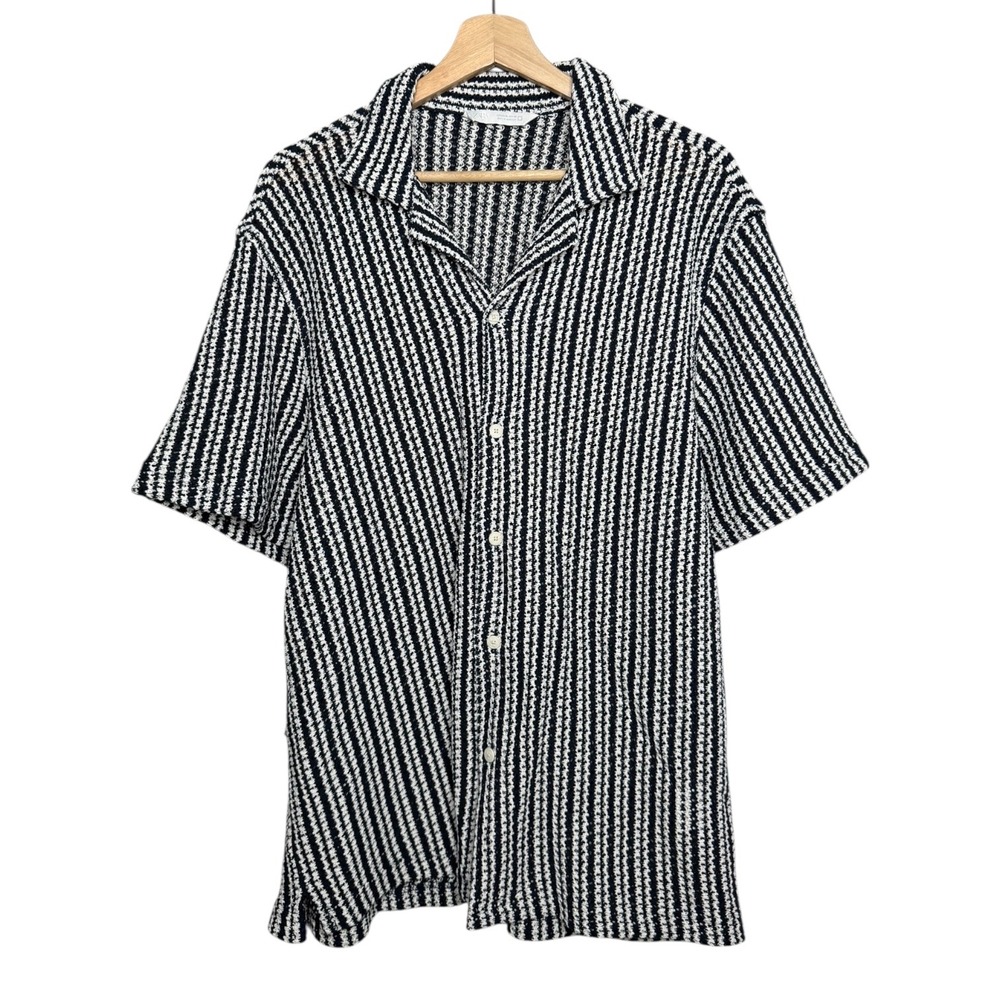 Zara Knit Camp Shirt Short Sleeve Button Up Black White XL Resort Cuban Textured